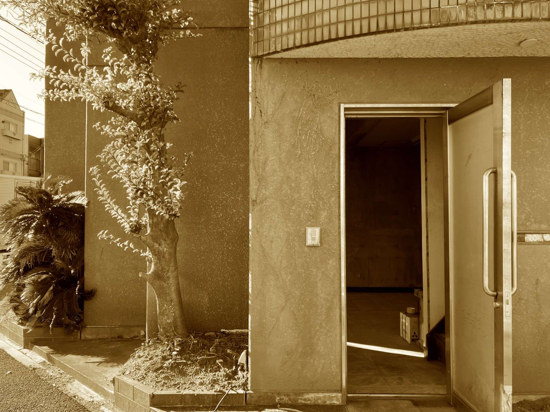 工事前の入り口。ドアがステンレス製。壊れていたこともあり、ドアを交換